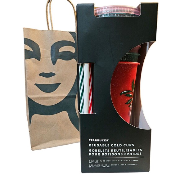 NWT Starbucks 2022 Christmas Holiday Reusable Cold Cups W/ Straws Set Of 6 - Picture 1 of 5